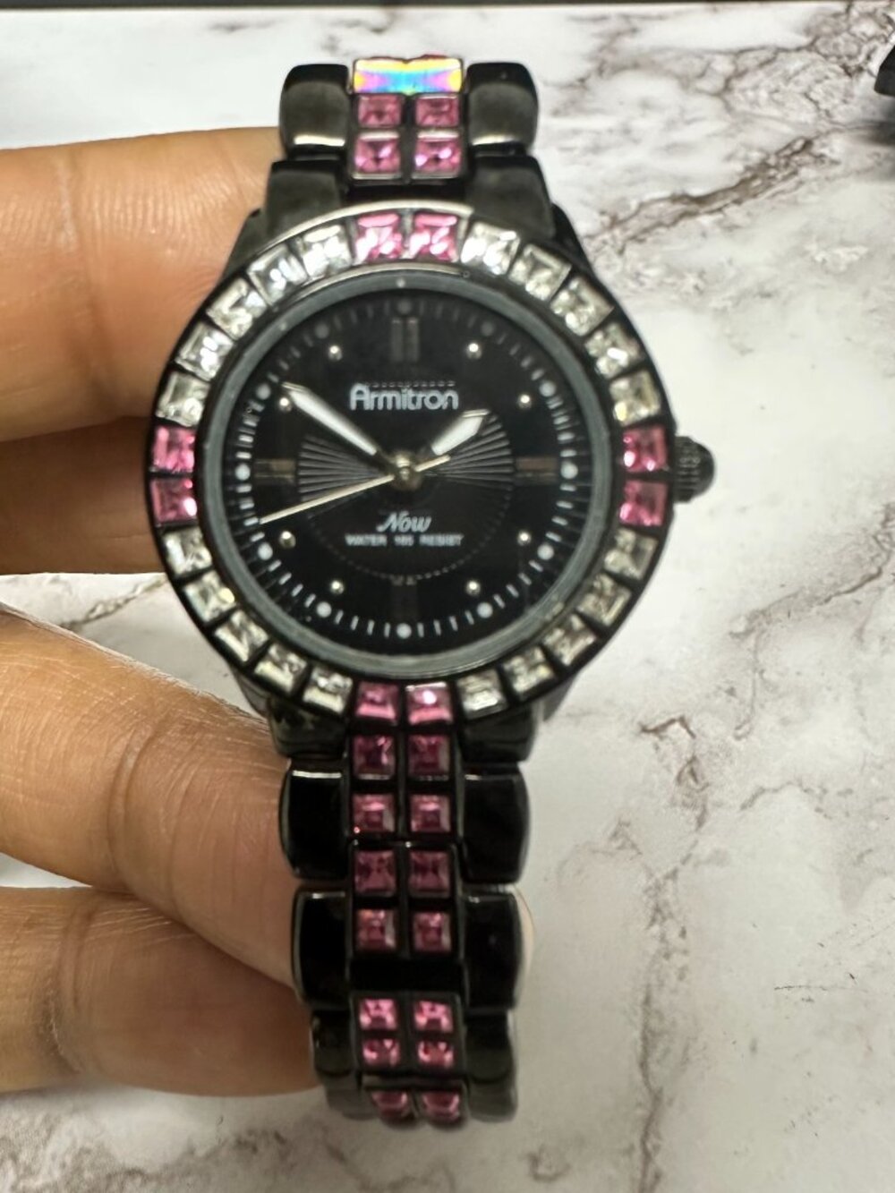 Armitron Watch Women Black Dial Pink Clear Crystal Bezel New Battery 6.5 Inch - Picture 9 of 10